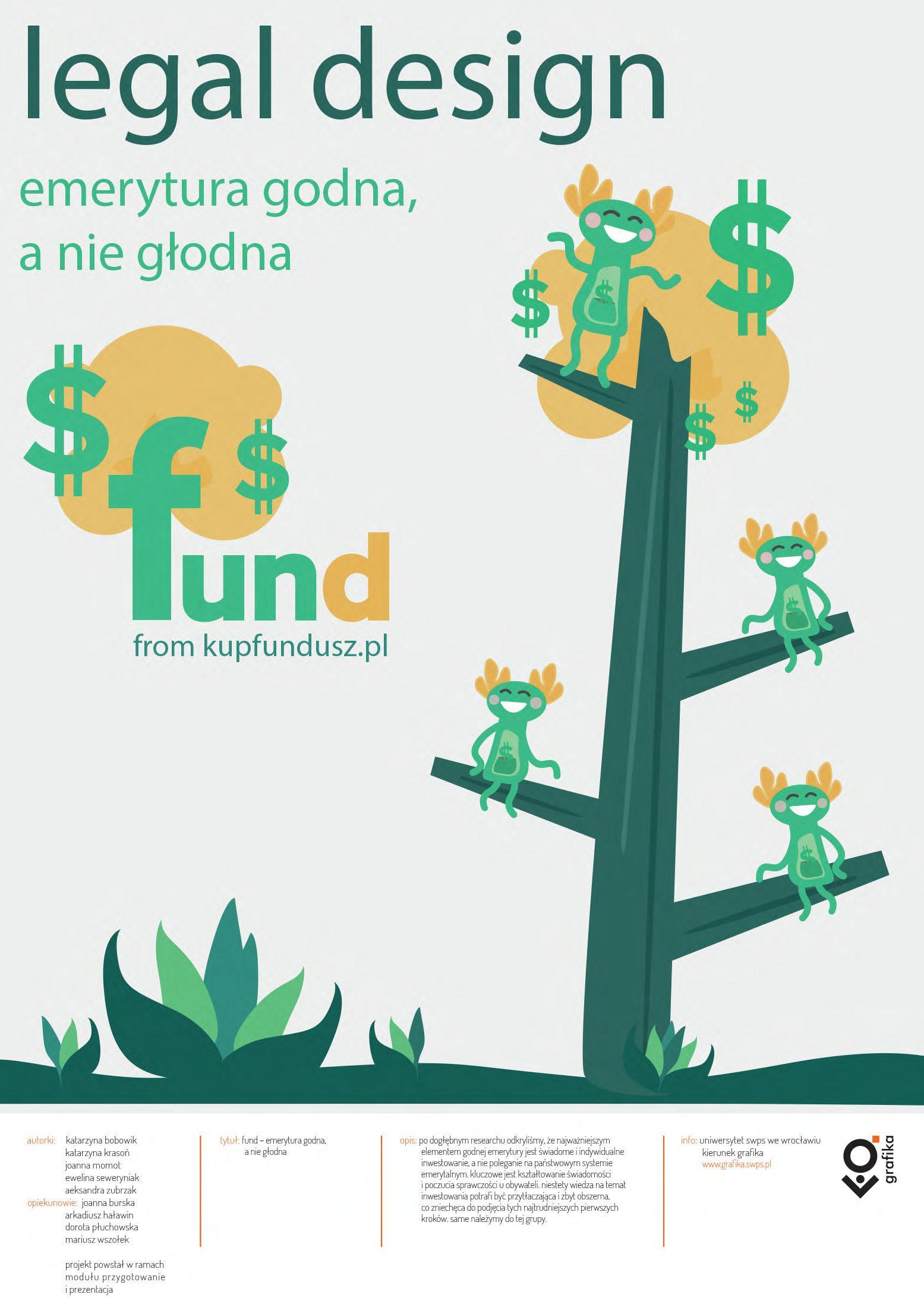 Poster illustrating the legal design project; smiling banknote-like green creatures sitting on a tree