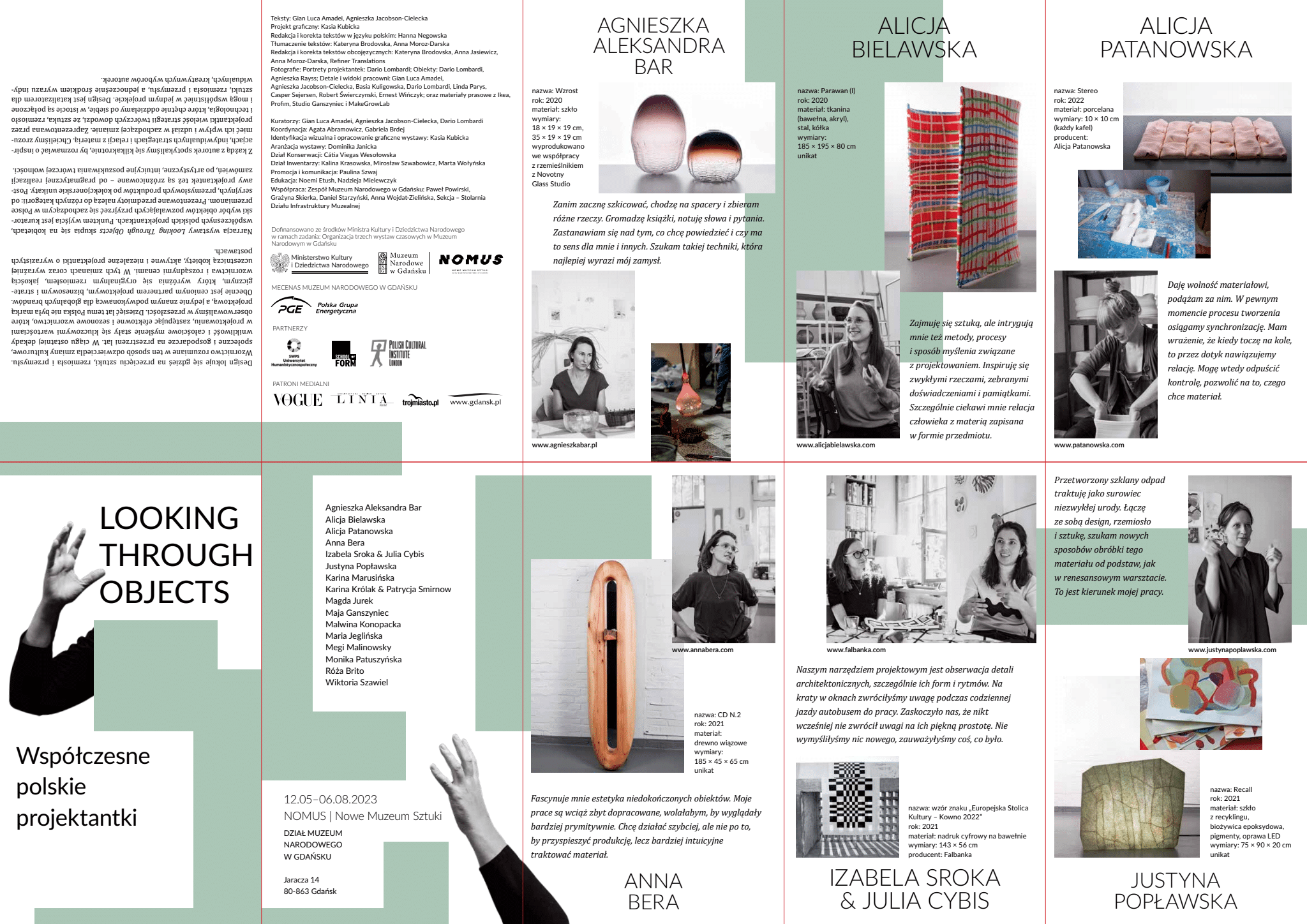 "Looking Through Objects" exhibition leaflet with information about the designers and pictures of their designs