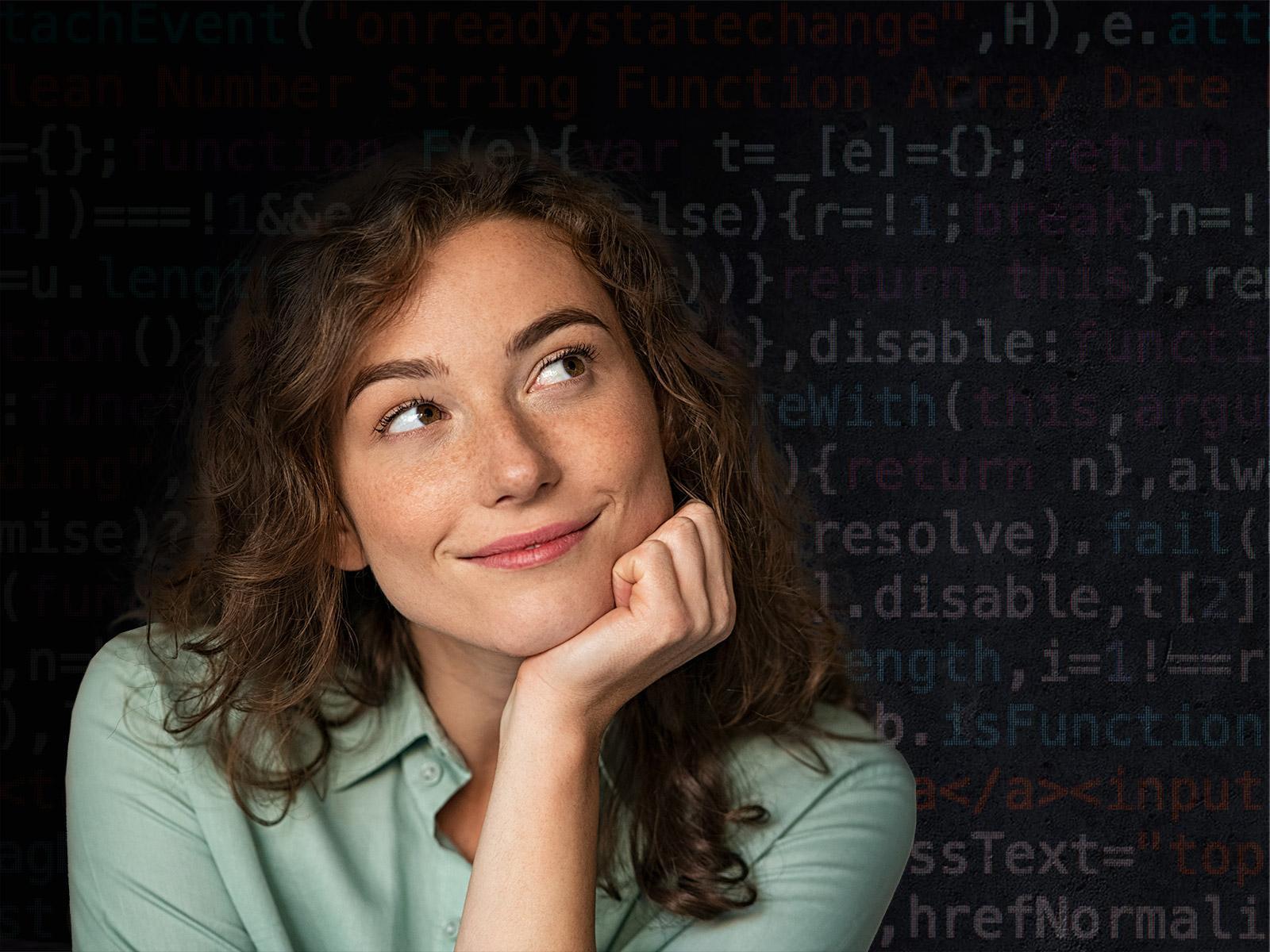 young girl on computer code background