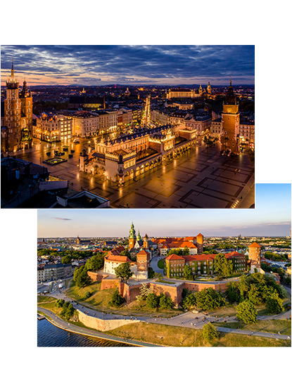 A collage of two photos depicting Kraków