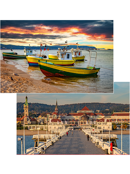 A collage of two photos depicting Sopot