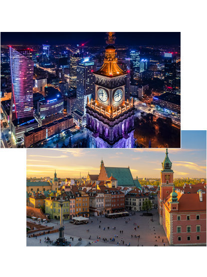 A collage of two photos depicting Warsaw