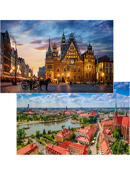 A collage of two photos depicting Wrocław
