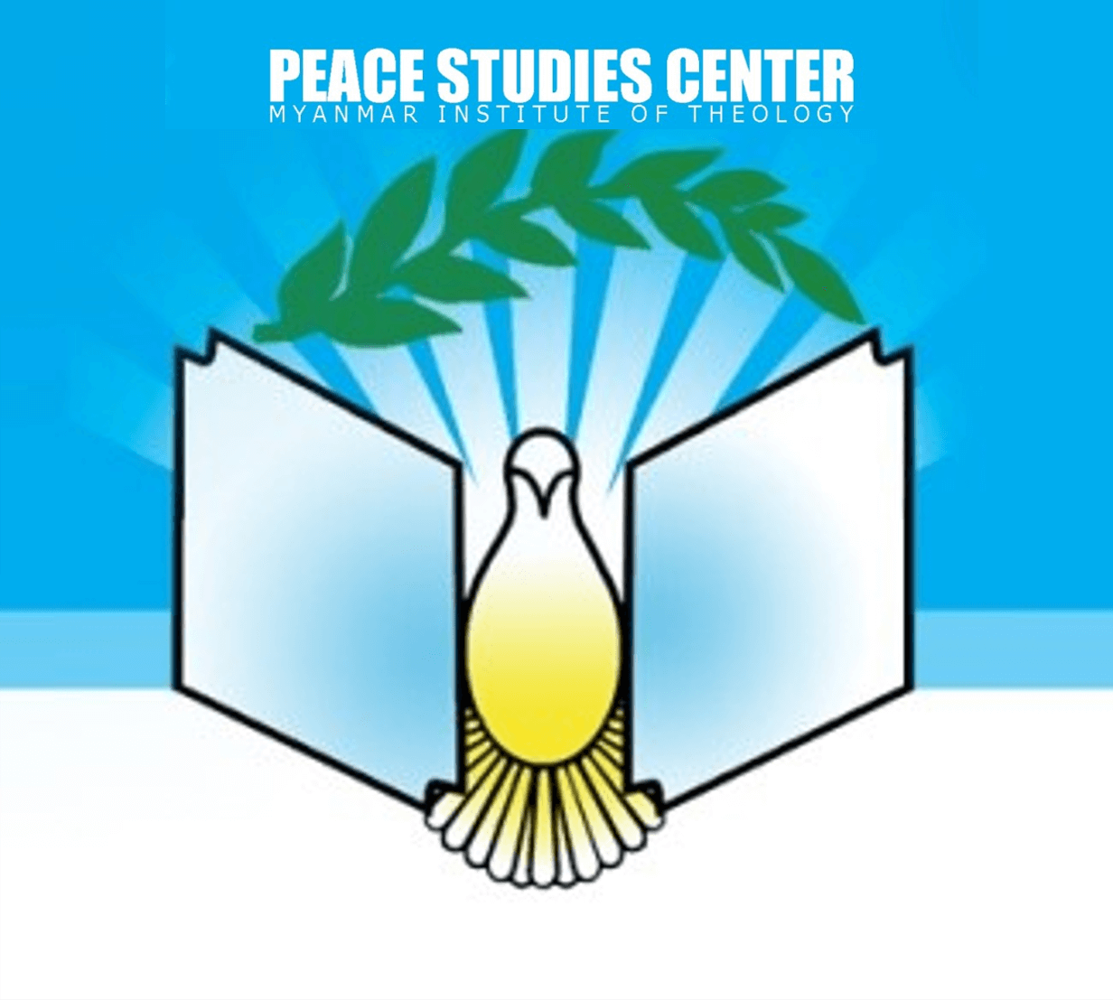 Logo of the Peace Studies Center at Myanmar Institute of Theology; white pigeon with an olive branch above its head