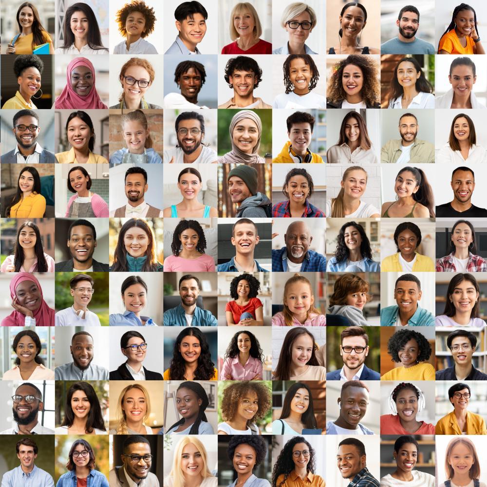 Collage of face portraits of multiethnic people