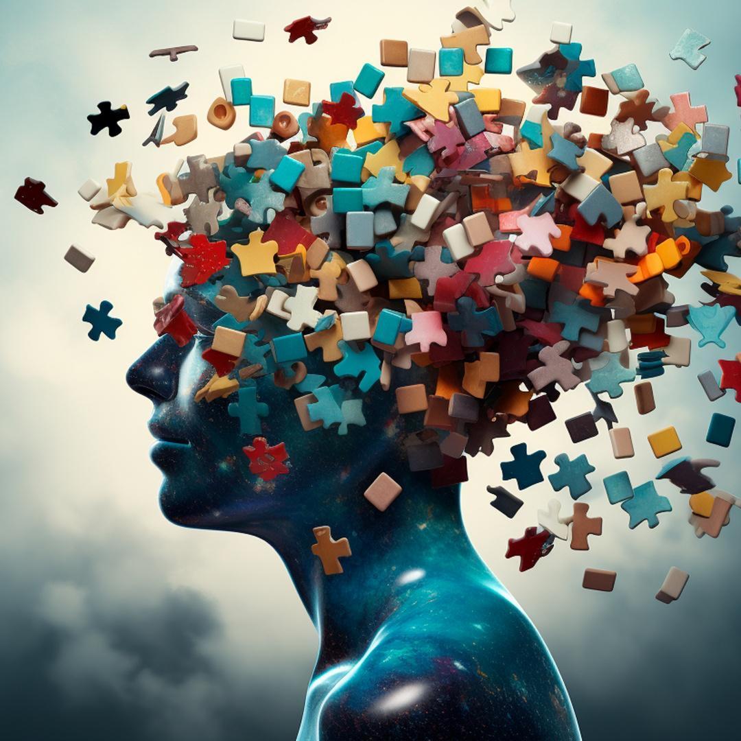 Concept graphic human head with puzzle pieces as hair