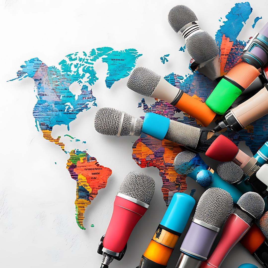 Several microphones on background of world map