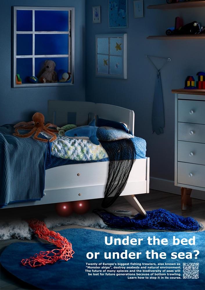 The graphic shows a monster hiding under a bed filled with plush sea creature toys. It’s a poster promoting a campaign to stop the destruction of marine ecosystems and microorganisms.