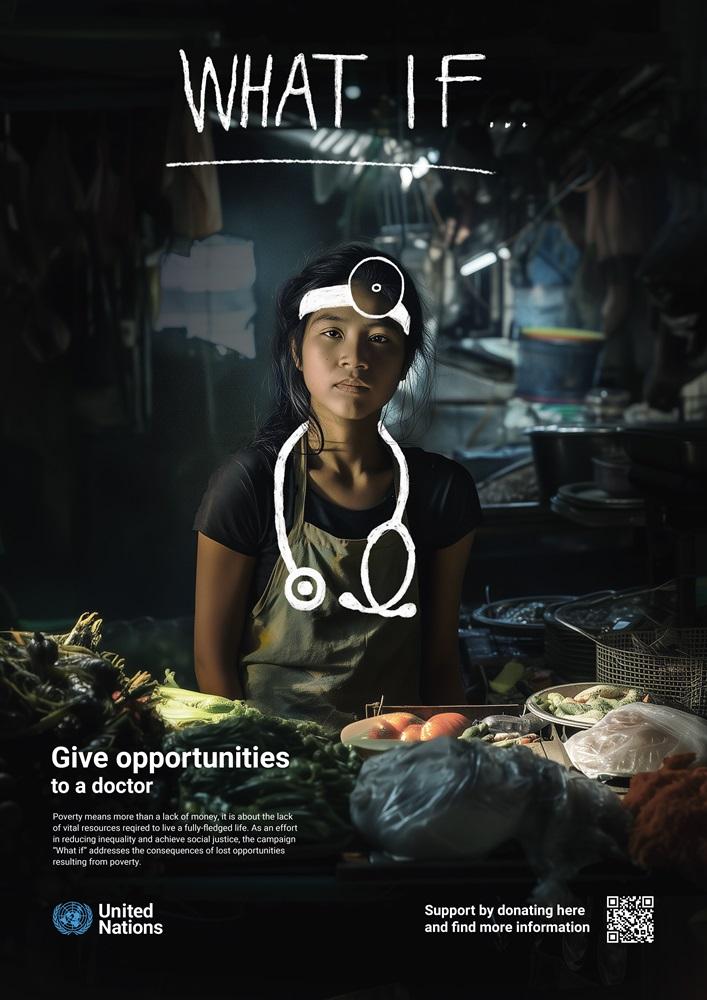 5. A graphic of a young girl working in an old, broken-down kitchen. Around her neck is a hand-drawn stethoscope, symbolizing unrealized dreams. It’s part of the What if campaign, emphasizing the barriers to education for people in poverty and developing nations.