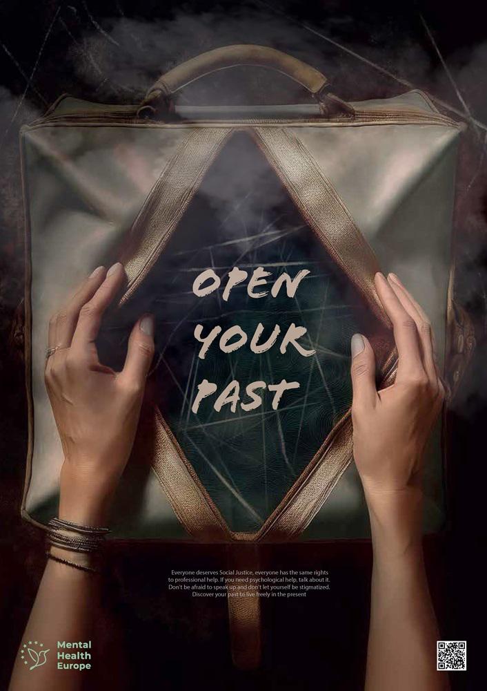 This graphic depicts a pair of hands opening an old, dusty bag. Inside are cobwebs, along with the words - Open your past.