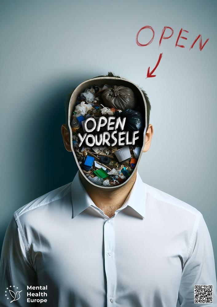 A portrait of a person with their face split in half, resembling an open box filled with trash. The text reads Open yourself.