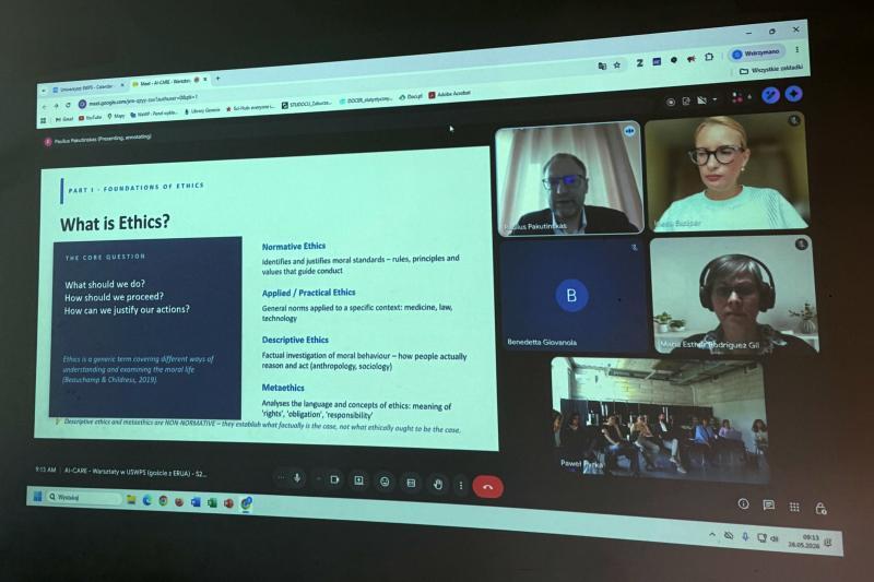Screen displaying presentation and online participants of the AI-CARE workshop at USWPS