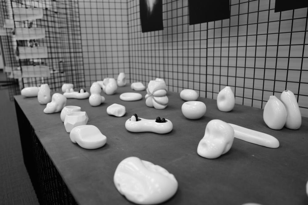 A monochromatic image capturing a part of the exhibition, prominently featuring ceramic artworks