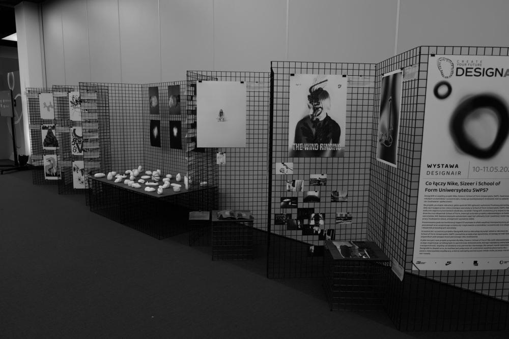 Black and white photo of the entire exhibition space, showcasing all the artworks