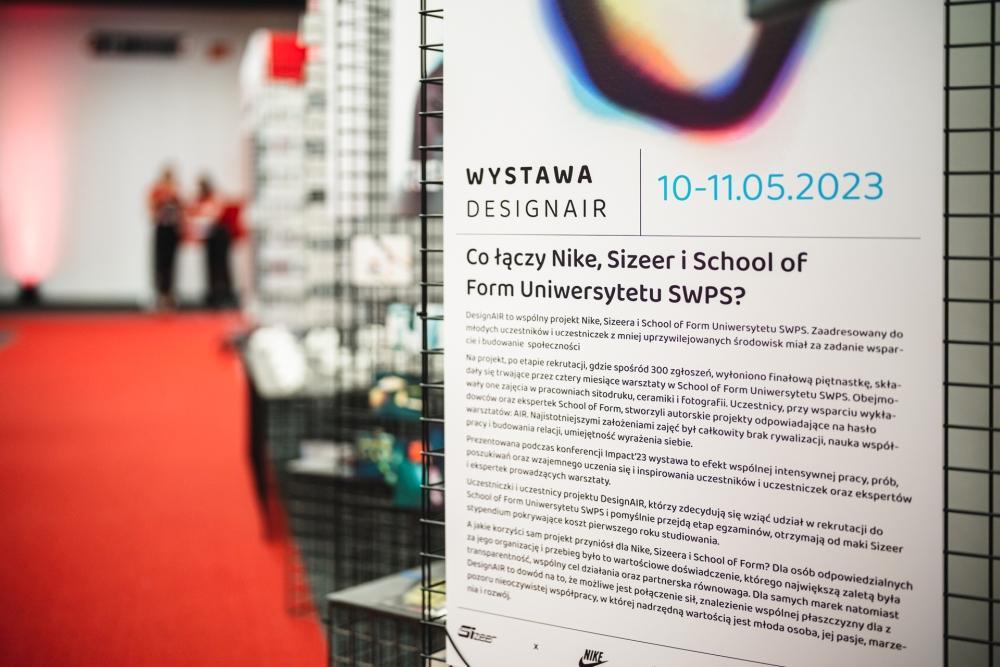 Close-up view of the exhibition poster, featuring information about the DesignAIR program carried out by School of Form, Sizeer and Nike