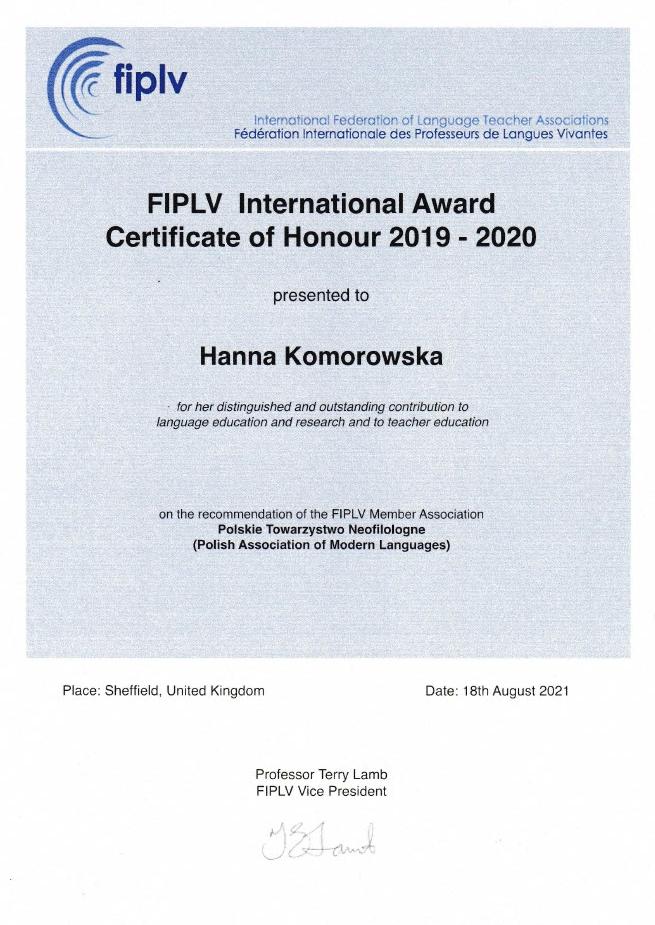 FIPLV International Award Certificate