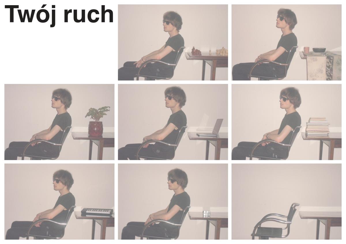 A series of photos showing a young man sitting in a chair with his back to the table. The objects on the table change. In the last photo, there is only an empty chair and table.