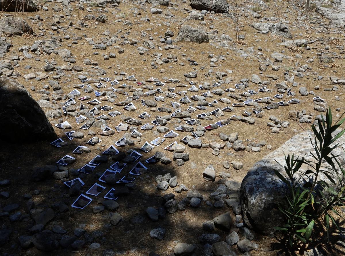 Several rows of Polaroid photos lie on the sand; the photos are held down by stones.