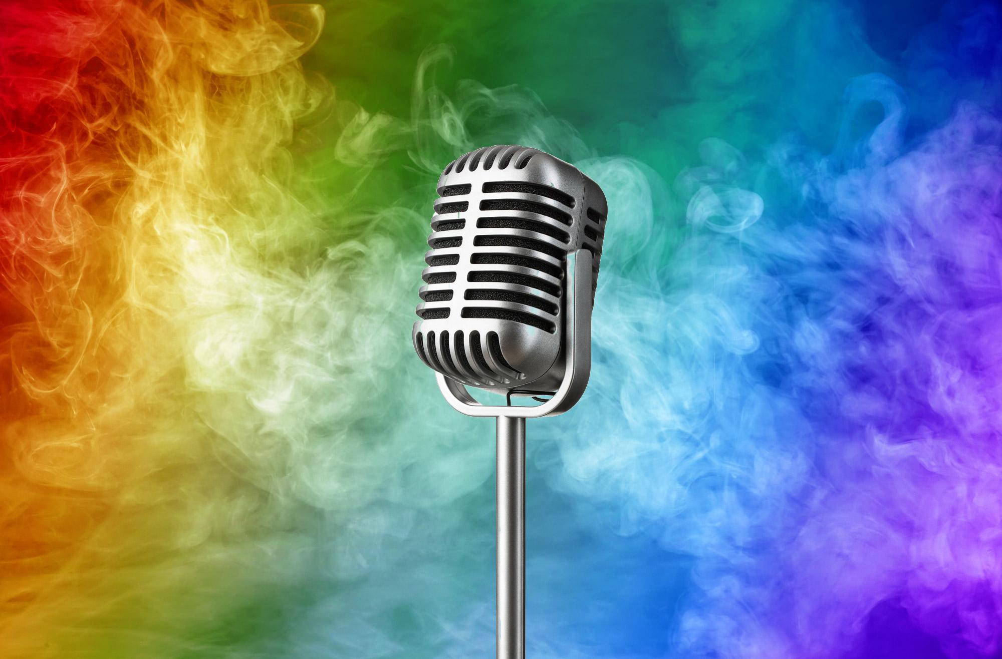 microphone on rainbow background