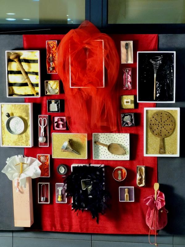 Kitchen accessories displayed as artworks at the “Inbetween” exhibition at SWPS University in Kraków