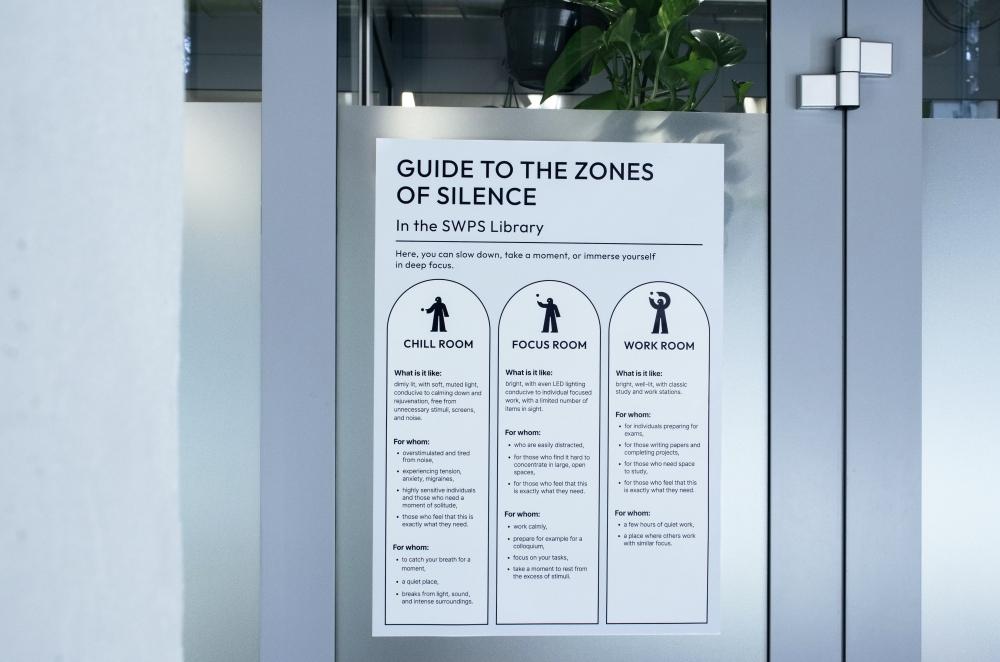 Poster in English titled "GUIDE TO THE ZONES OF SILENCE", showing the rules for three zones: Chill Room, Focus Room, and Work Room.