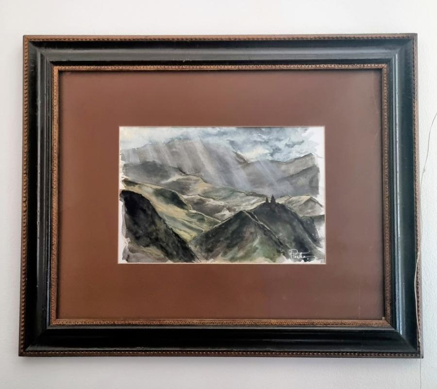 Oil painting by Aleksandra Płocka based on a photograph showing a view of the Cminda Sameba Church in Georgia.