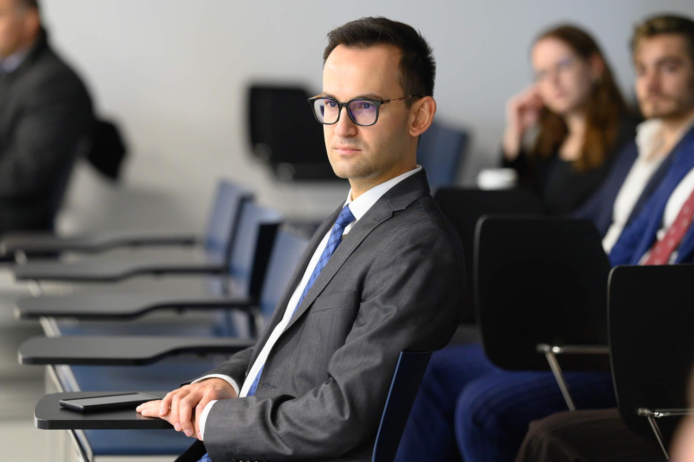Dr. Dominik Horodyski from the Faculty of Law in Warsaw in the audience at the opening of the Vis Moot Bootcamp training at SWPS University in Warsaw.