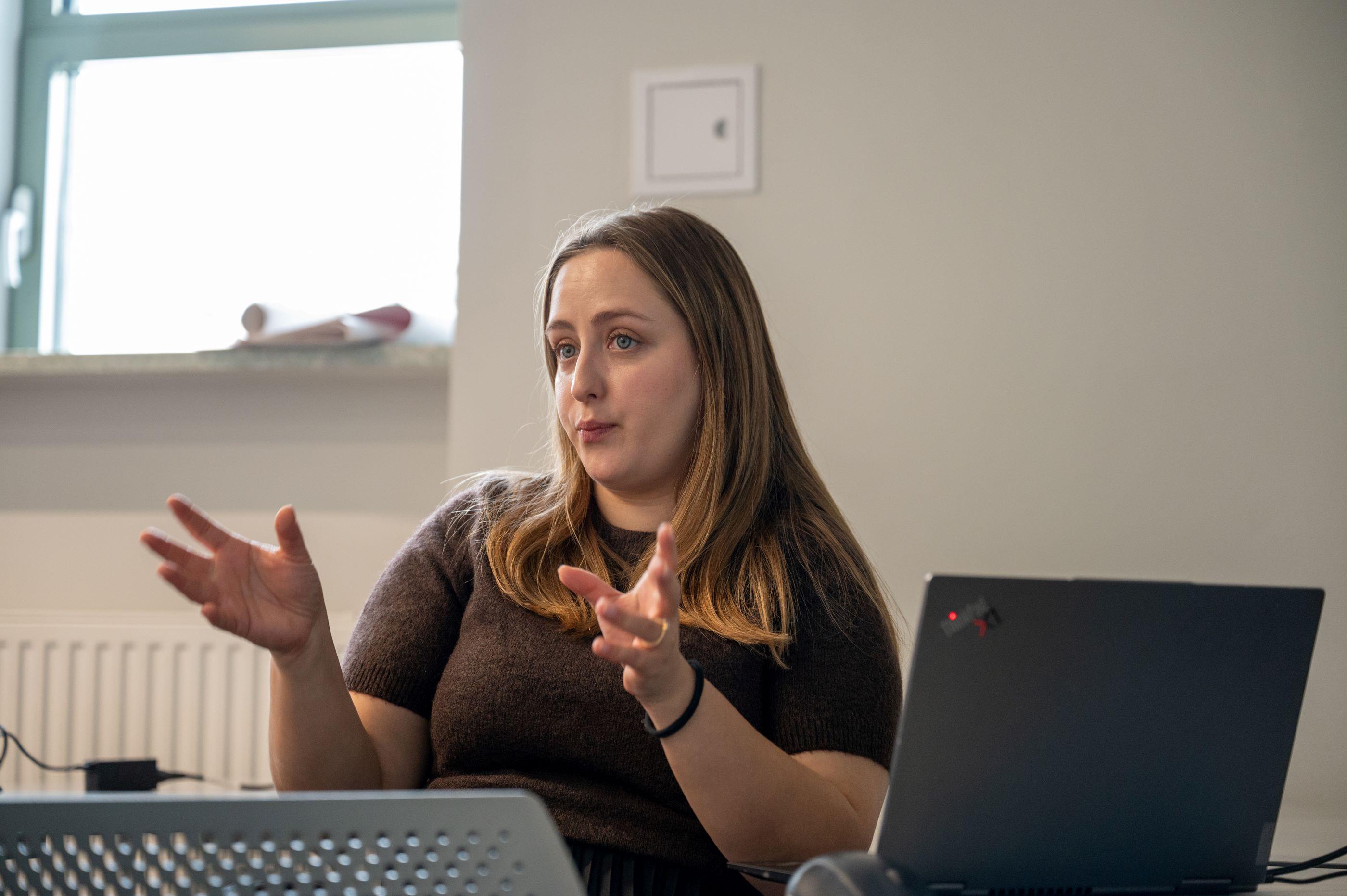Evanthia Kasiora conducts training at Vis Moot Bootcamp training in Warsaw, Poland.