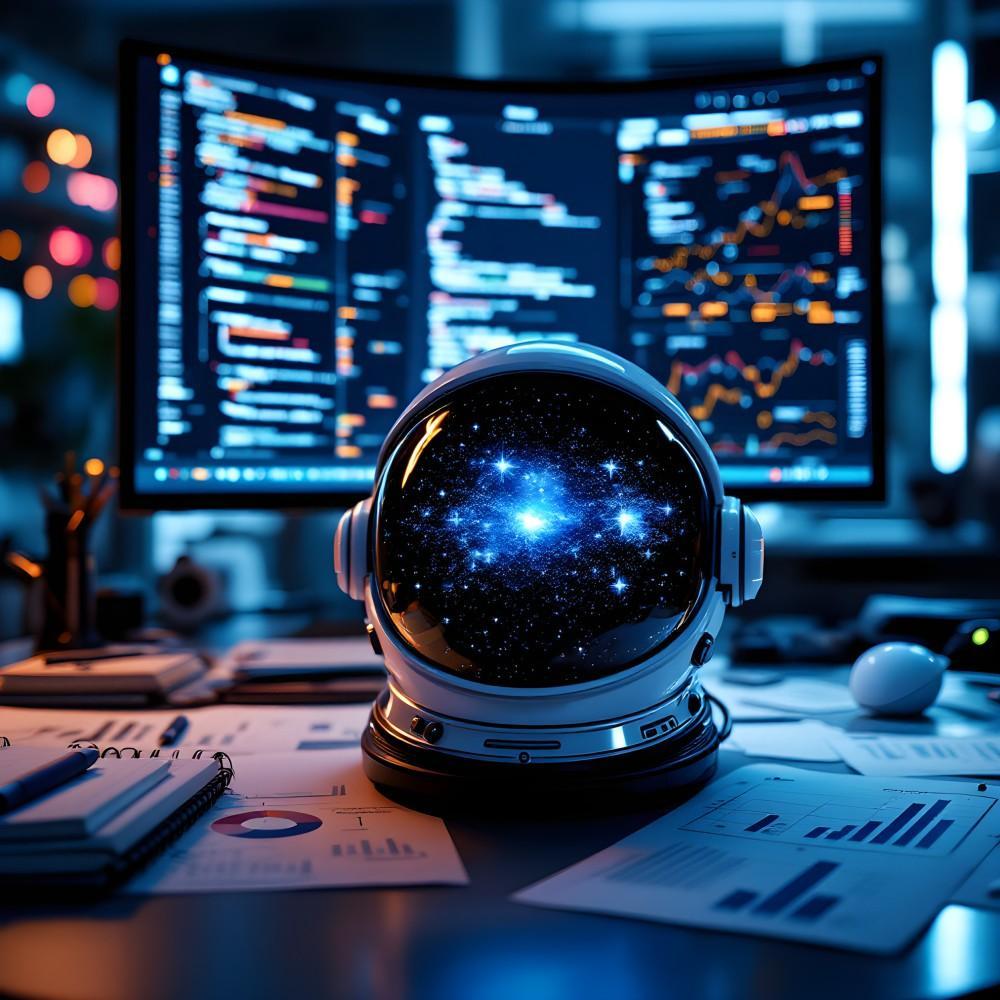 An astronaut helmet reflecting outer space rests on a desk covered with documents, set against the backdrop of a large monitor displaying complex code and data charts