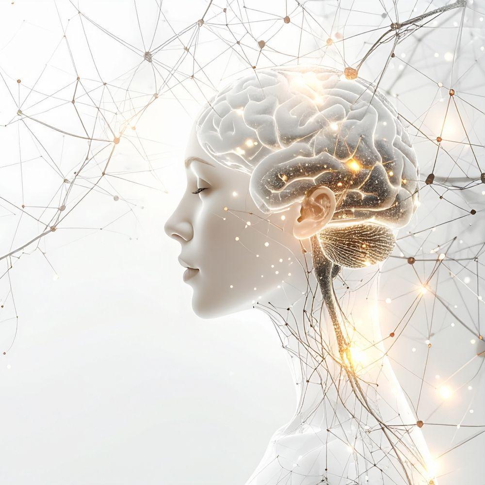 Profile of a human head with a glowing brain and a network of connected dots.