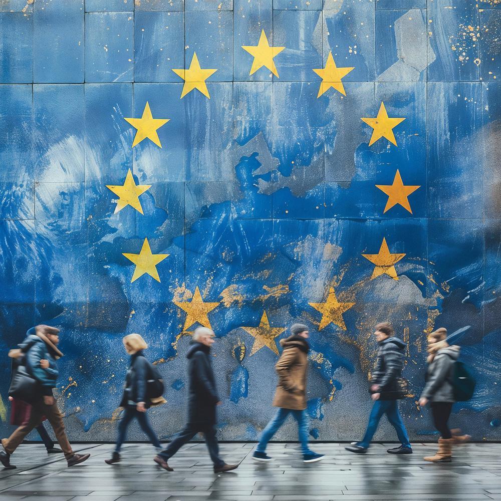 A mural of the European Union flag with a circle of twelve stars. Pedestrians walk beside it.