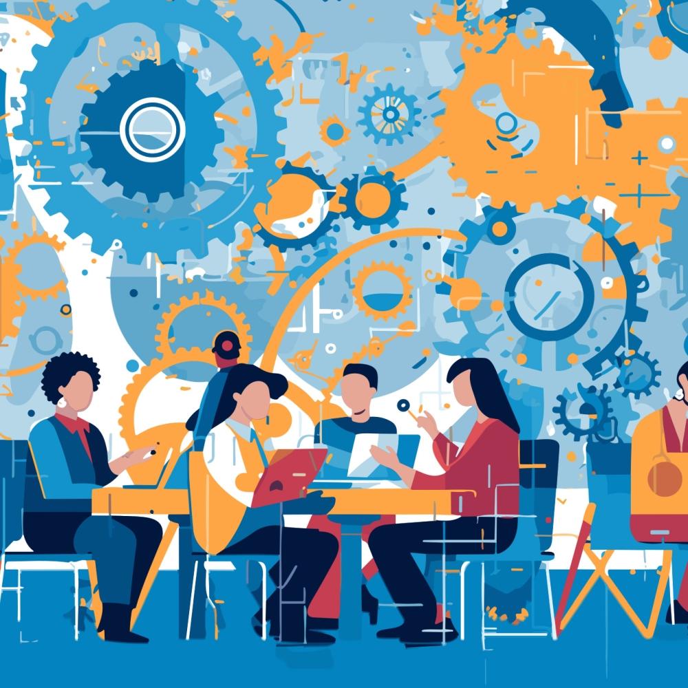 Illustration of people networking and working on laptops. Clockwork mechanisms are visible in the background.
