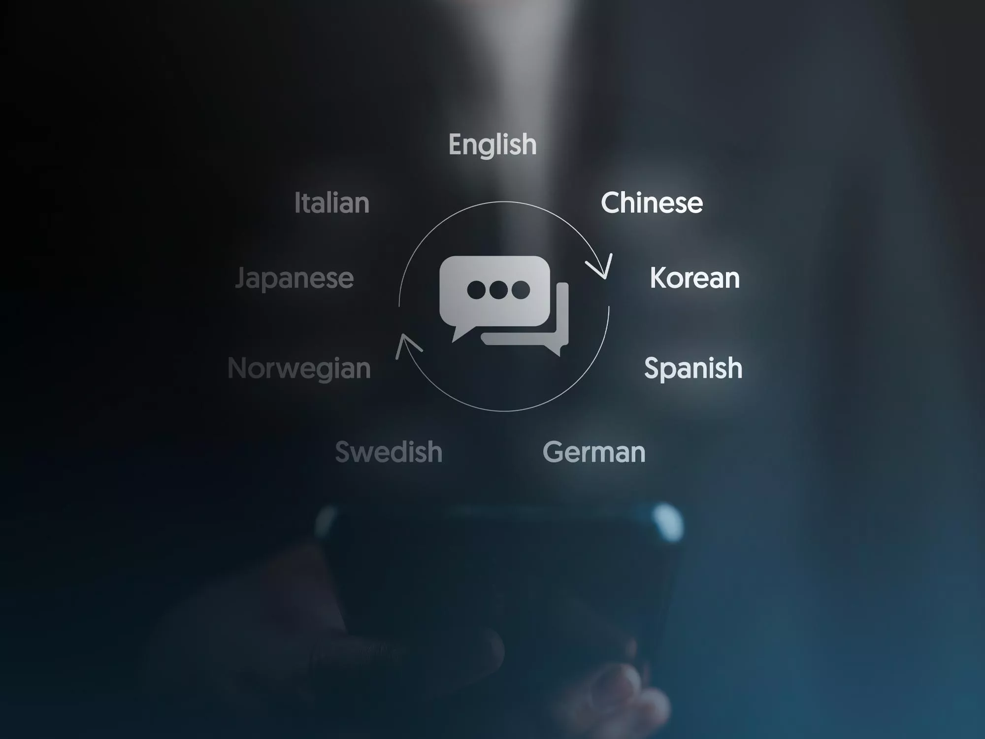 A hand holds a smartphone. Above the device, a communicator symbol radiates, surrounded by the names of various world languages, representing the diversity of global communication.
