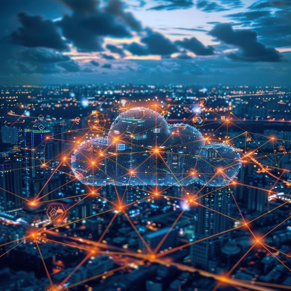 A virtual cloud hovering over a cityscape at night