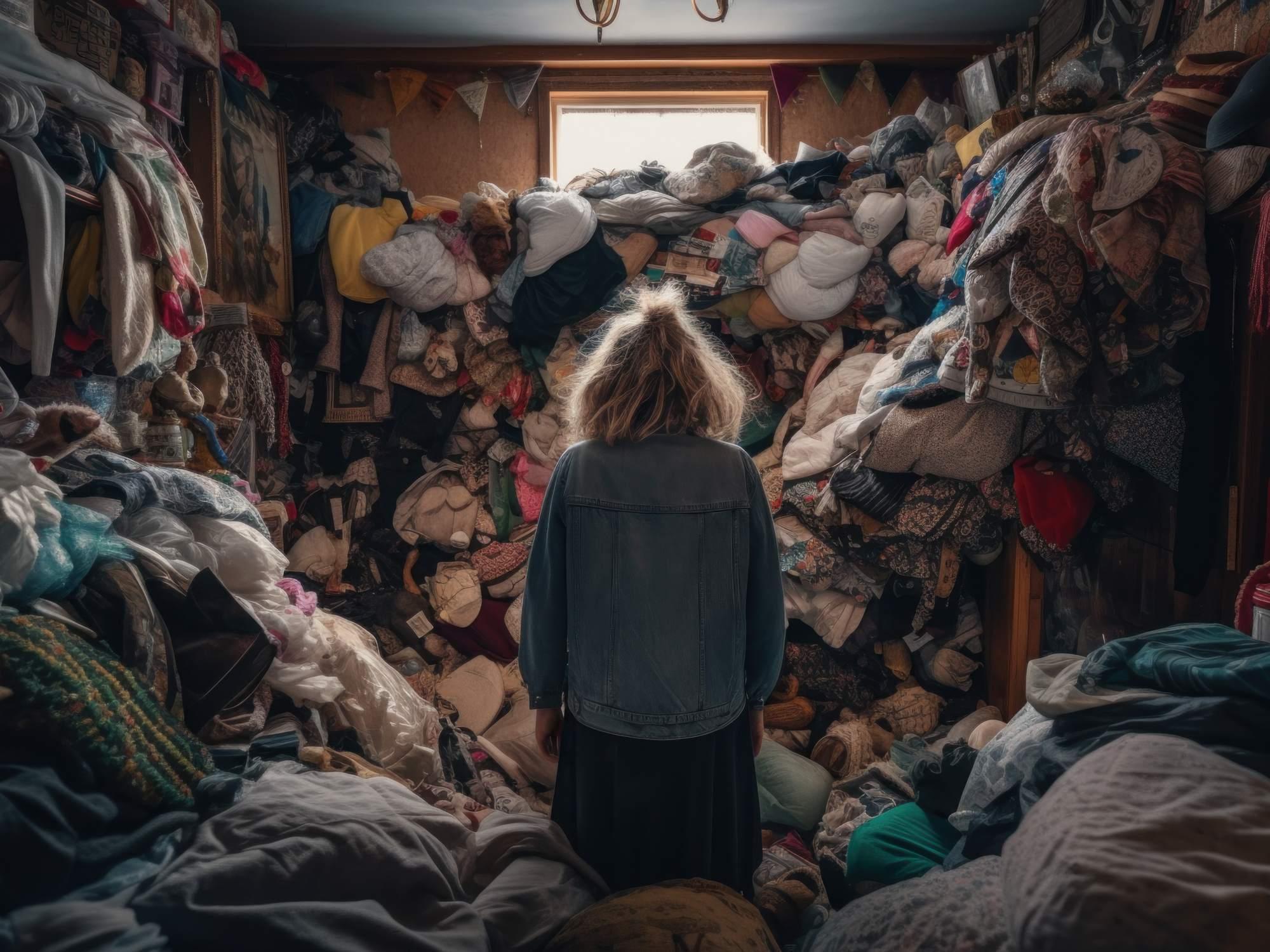 Woman seen from the back in a cluttered apartment filled with various household items.