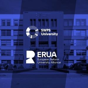 Photo of SWPS University in Warsaw with a blue filter and logos of the university and European Reform University Alliance