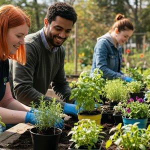 Young people working in a community garden