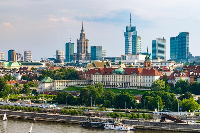 Skyline of Warsaw with historical buildings in the foreground and modern buildings in the background